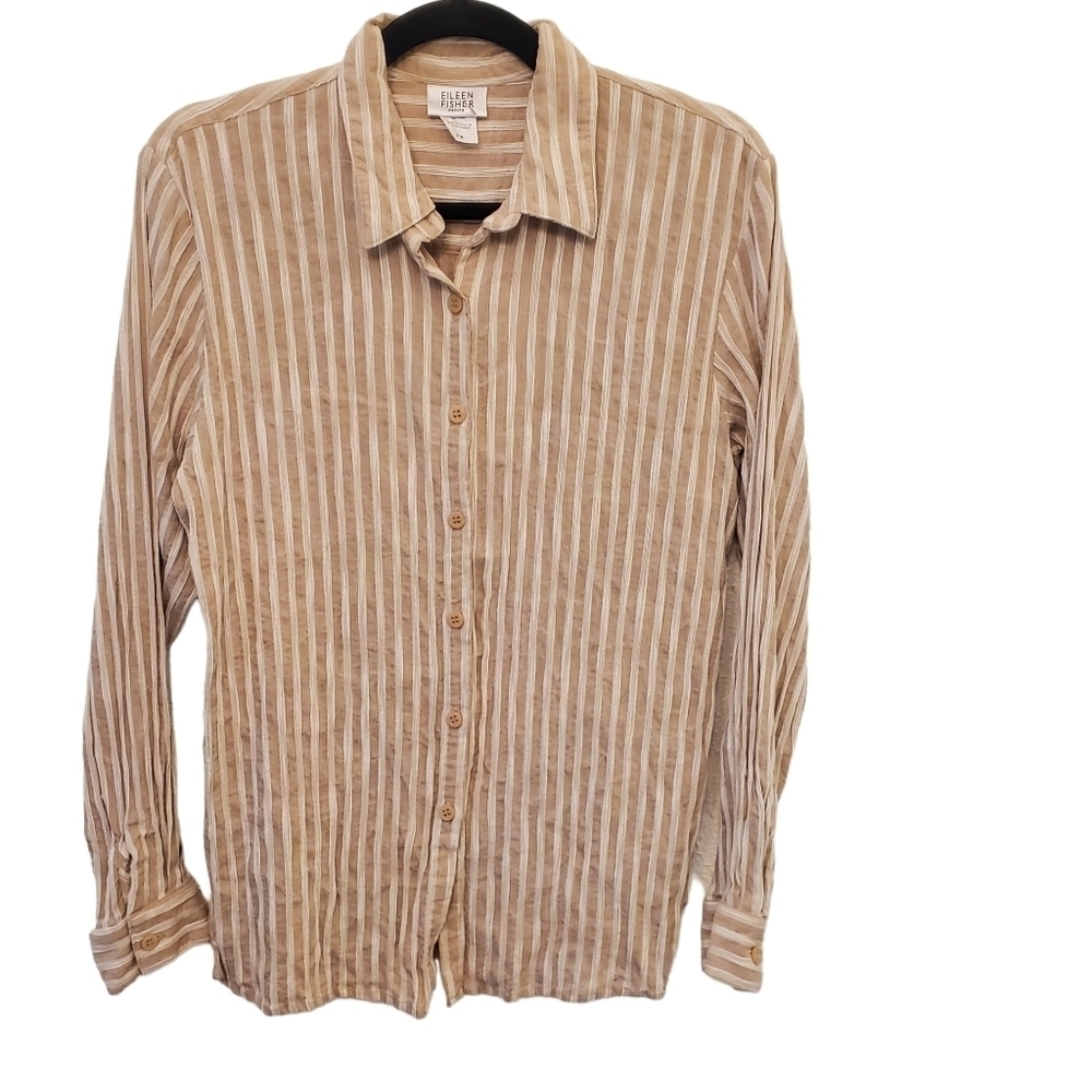 Eileen Fisher MP Linen Cotton Blend Vertical Stripe Button Down Shirts Spring